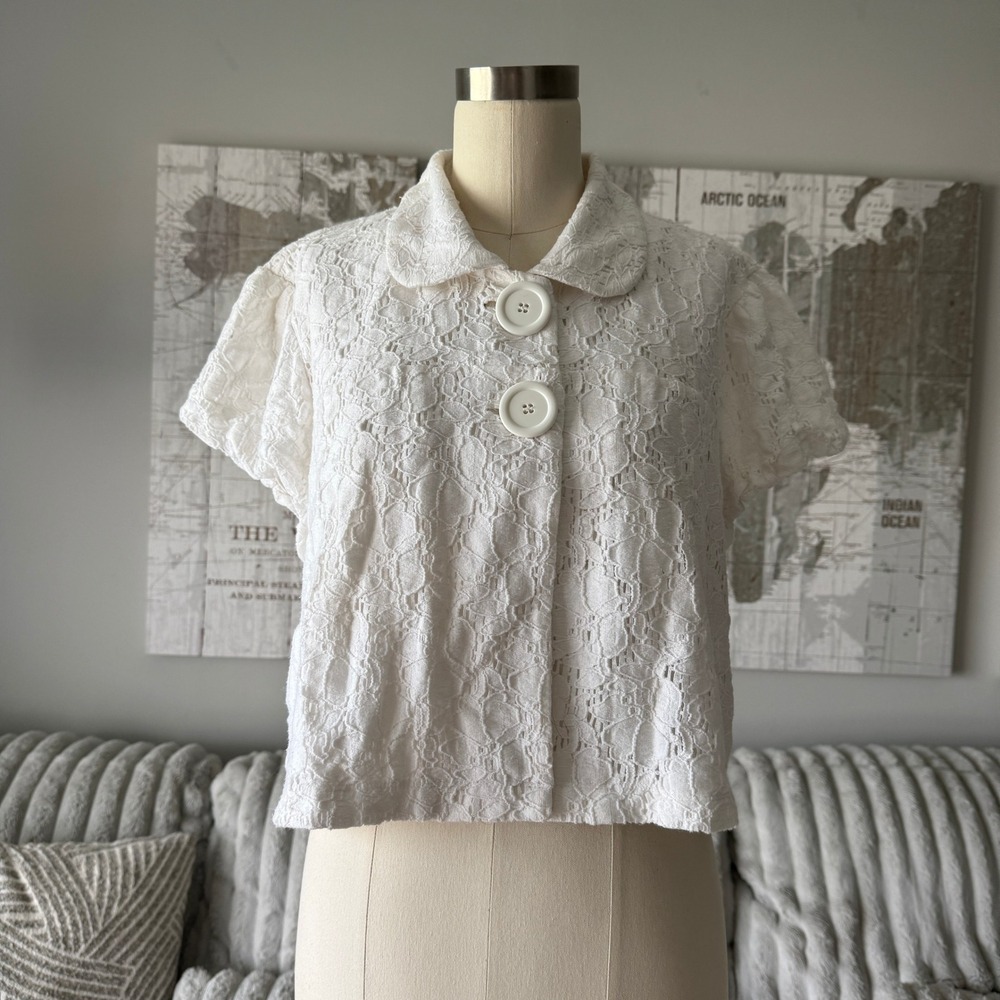 Tara Ryan White Lace Cropped Short Sleeve Jacket Peter Pan Collar XL Cotton